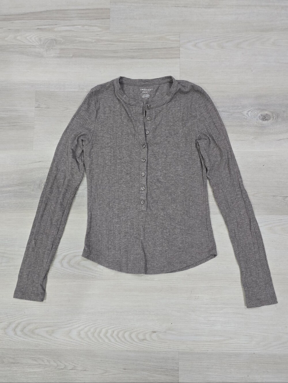 American Eagle Ribbed Henley Long Sleeve Top Heathered Brown Size M